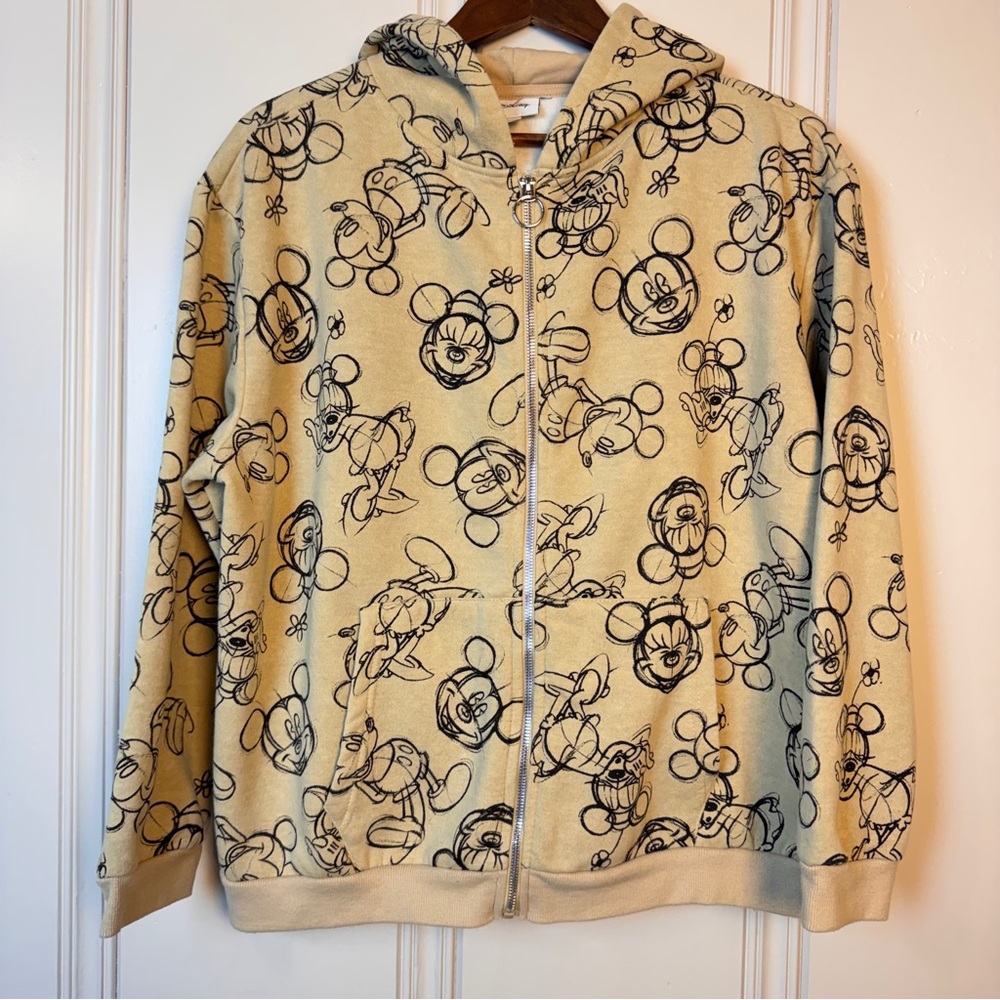 Disney Mickey Minnie Mouse sketch style full zip‎ tan hoodie SZ Large Sweatshirt